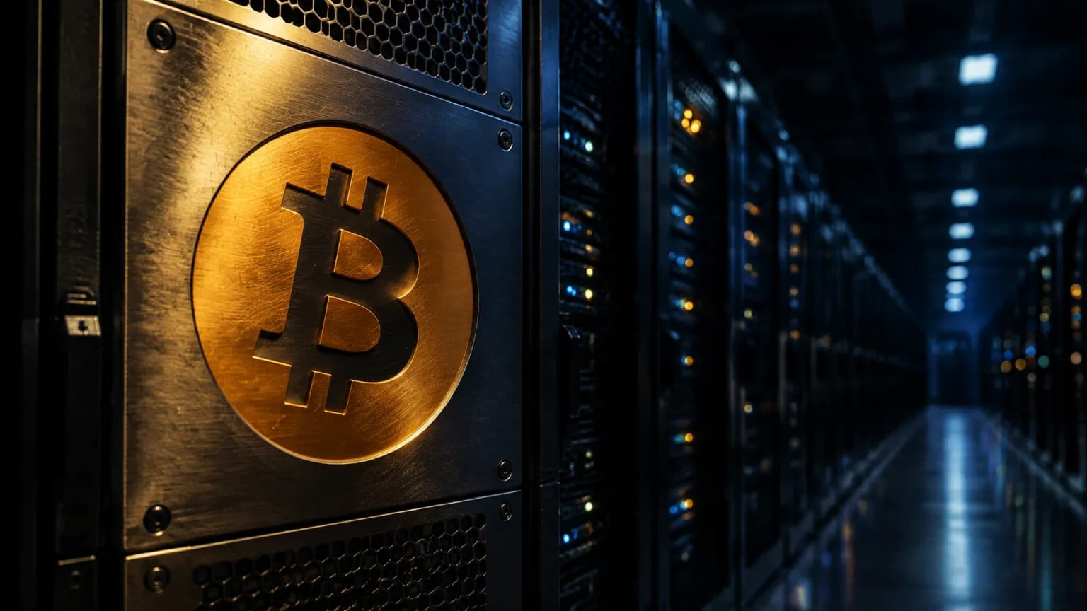 Sala de servidores de noche con largas hileras de armarios oscuros y el signo de Bitcoin grabado en una placa metálica en el frente del primer armario