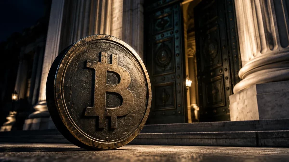 Monumentales Behördenportal mit Säulen bei Nacht, davor auf der Steinstufe eine schwere Metallmünze mit eingeprägtem Bitcoin-Symbol