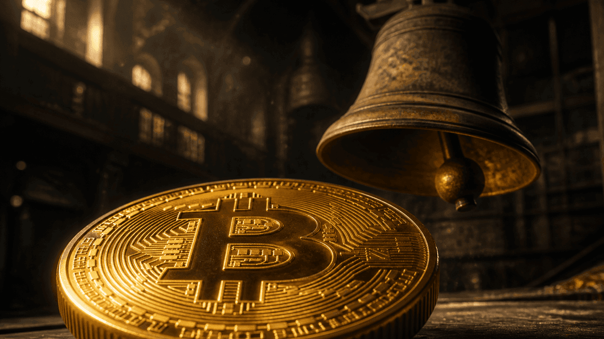 Schwere Messing-Handelsglocke mit anschlagendem Klöppel in einem verlassenen dunklen Handelssaal, davor groß eine Goldmünze mit eingeprägtem Bitcoin-Zeichen