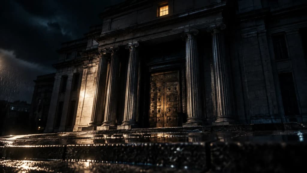 Klassizistisches Zentralbankgebäude bei Nacht mit geschlossenem Bronzeportal und regennassen Granitstufen