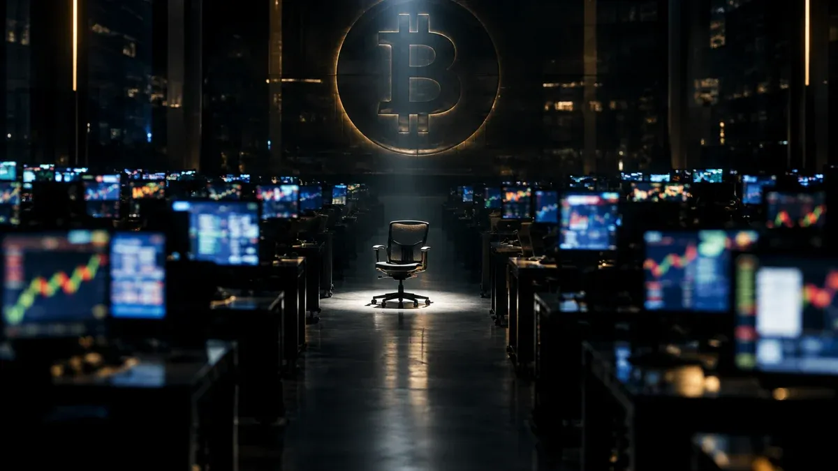 Trading floor at night with many glowing screens showing no legible figures, a cone of light on an empty chair, a bitcoin symbol in relief on the end wall