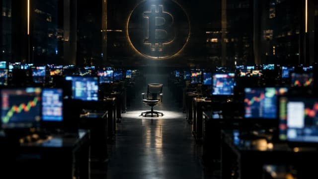 Handelssaal bei Nacht mit vielen leuchtenden Bildschirmen ohne lesbare Zahlen, ein Lichtkegel auf einem leeren Stuhl, an der Stirnwand ein Bitcoin-Zeichen als Relief