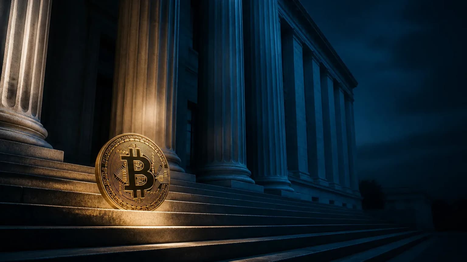Classical exchange building with columns and a large Bitcoin coin standing in a shaft of light on its steps, symbolizing the Coinbase stock surge