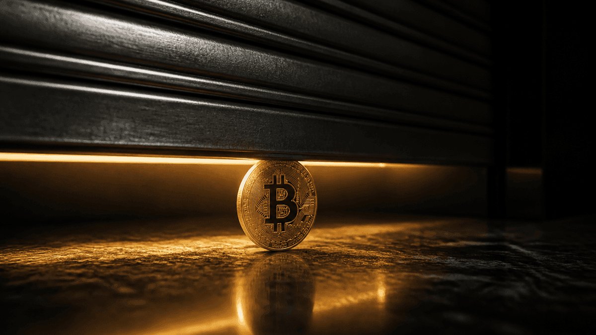 Ein schweres Metall-Rolltor senkt sich über einen dunklen Handelstresen, im Lichtspalt darunter steht hochkant eine Münze mit Bitcoin-Zeichen
