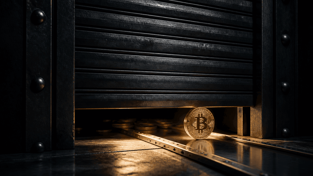 Ein Stahl-Rolltor senkt sich vor einem Tresorportal, durch den letzten Lichtspalt rollt eine Bitcoin-Münze auf einer Schiene nach draußen