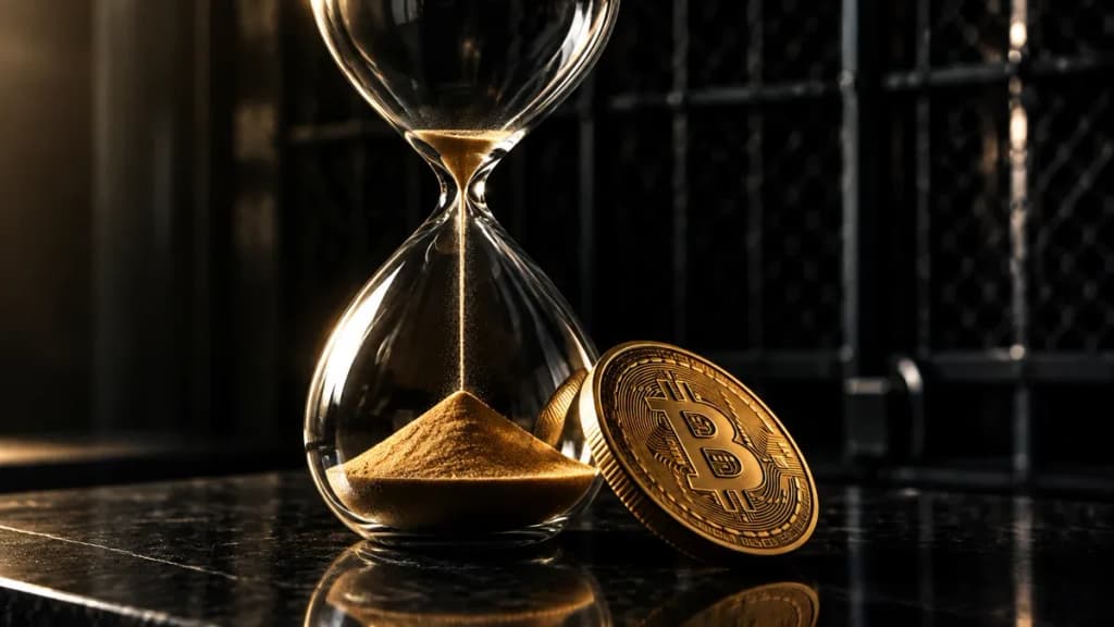 Fast leergelaufene Sanduhr neben einer schweren Muenze mit Bitcoin-Zeichen vor einem geschlossenen Metallgitter