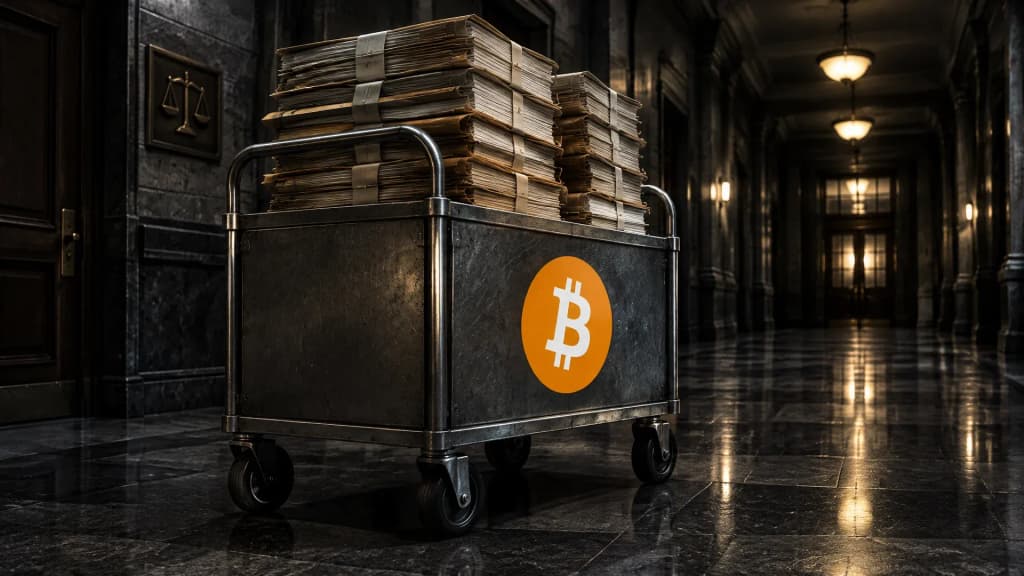 Metallener Aktenwagen mit hohen Aktenstapeln in einem leeren nächtlichen Gerichtsflur, auf dem obersten Aktendeckel das Bitcoin-Zeichen als geprägtes Relief