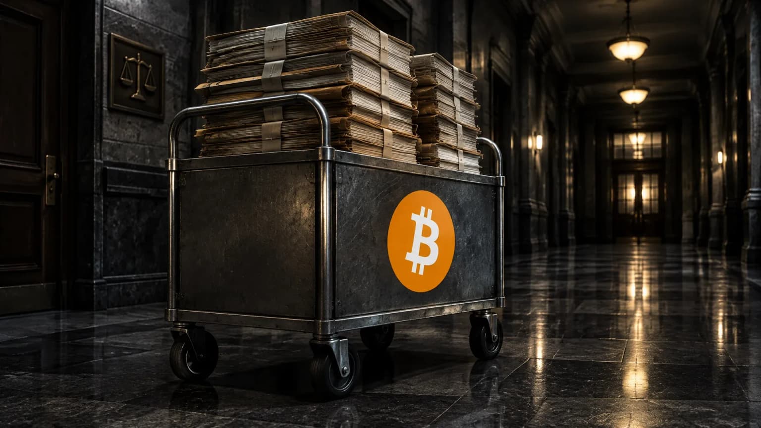 Metallener Aktenwagen mit hohen Aktenstapeln in einem leeren nächtlichen Gerichtsflur, auf dem obersten Aktendeckel das Bitcoin-Zeichen als geprägtes Relief