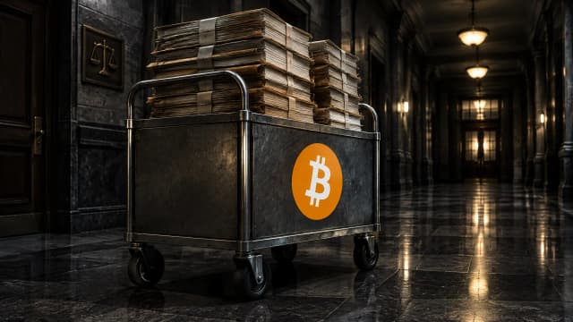 Metallener Aktenwagen mit hohen Aktenstapeln in einem leeren nächtlichen Gerichtsflur, auf dem obersten Aktendeckel das Bitcoin-Zeichen als geprägtes Relief