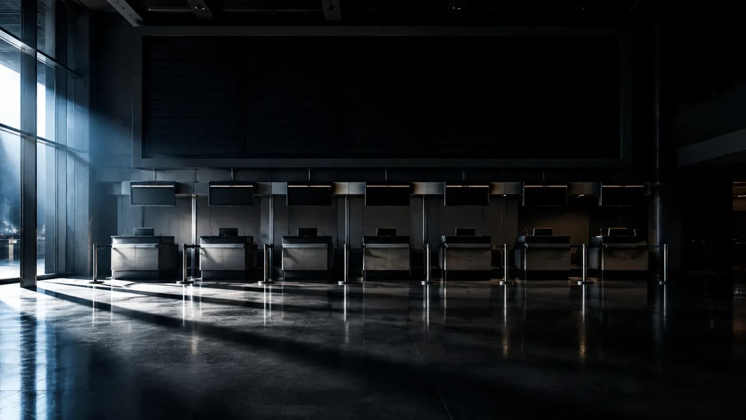 An empty night-dark departure hall, the large display board on the end wall switched off, with seven closed service counters in a row in front of it