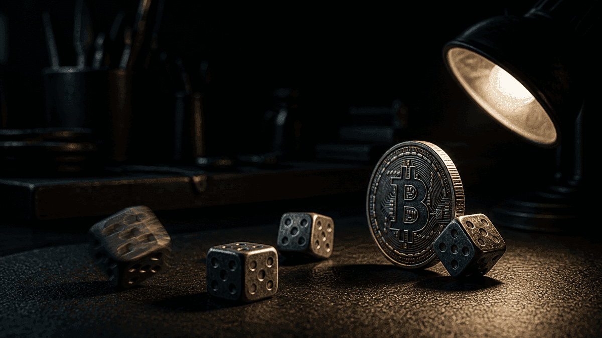 Fünf Spielwürfel rollen im Licht einer Werkstattlampe über eine dunkle Lederunterlage, daneben steht eine schwere Münze mit eingeprägtem Bitcoin-Symbol hochkant auf ihrer Kante