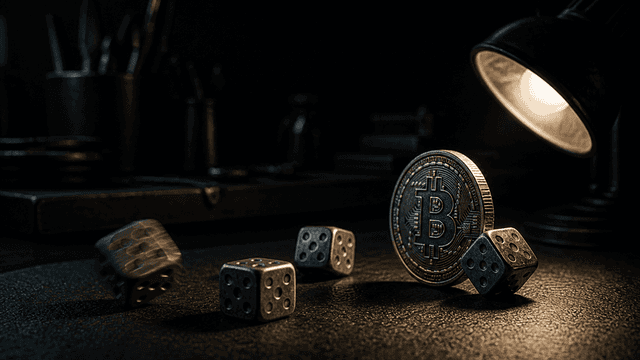 Fünf Spielwürfel rollen im Licht einer Werkstattlampe über eine dunkle Lederunterlage, daneben steht eine schwere Münze mit eingeprägtem Bitcoin-Symbol hochkant auf ihrer Kante