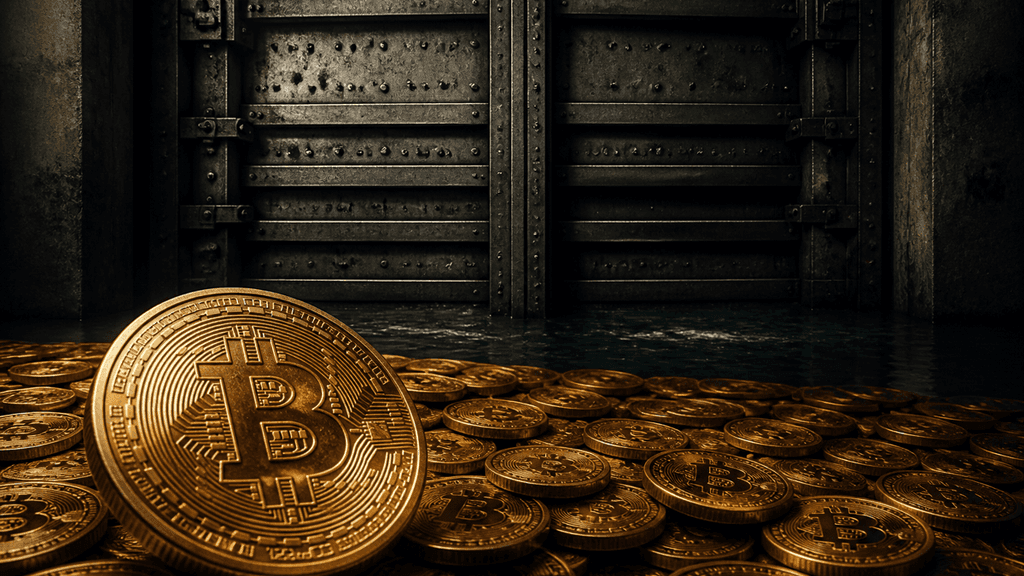 Geschlossenes Schleusentor aus vernietetem Stahl vor einem dunklen Wasserkanal, davor ein Stau schwerer Metallmuenzen mit eingepraegtem Bitcoin-Zeichen