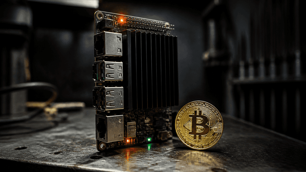 Kleiner Einplatinen-Server mit Kühlkörper und glühenden Kontrollleuchten auf einer Metallwerkbank, daneben eine goldene Münze mit Bitcoin-Symbol