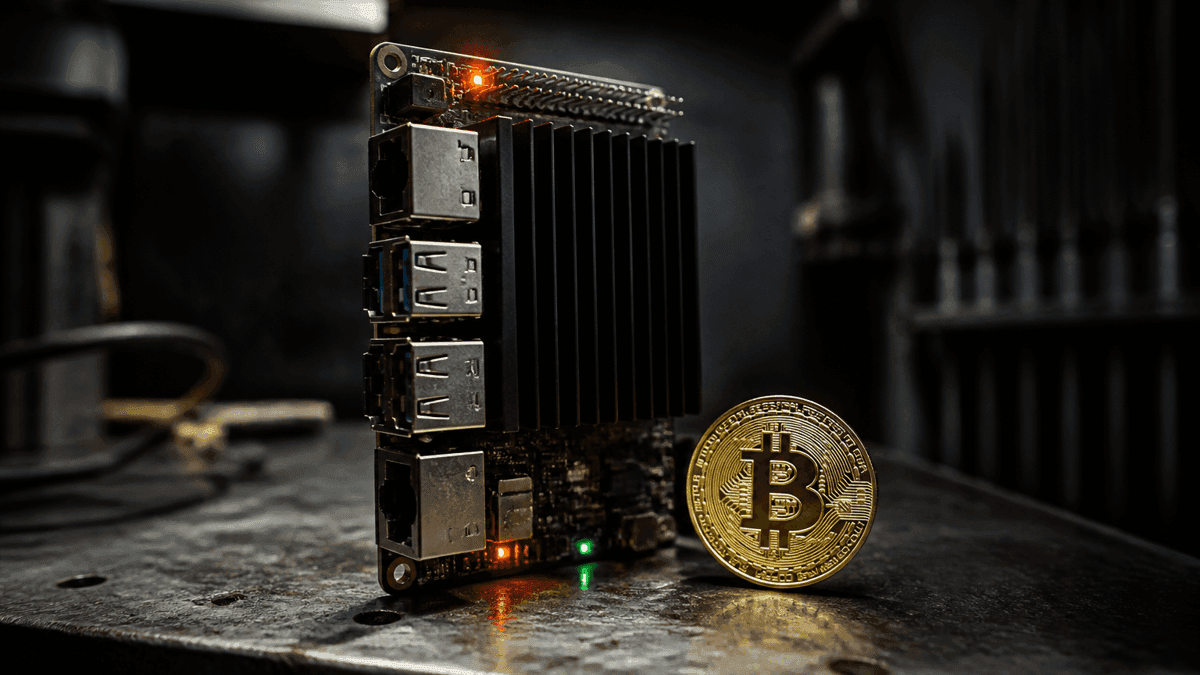 Kleiner Einplatinen-Server mit Kühlkörper und glühenden Kontrollleuchten auf einer Metallwerkbank, daneben eine goldene Münze mit Bitcoin-Symbol
