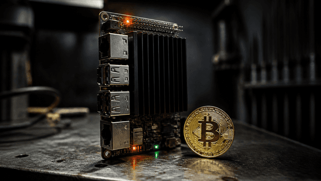 Kleiner Einplatinen-Server mit Kühlkörper und glühenden Kontrollleuchten auf einer Metallwerkbank, daneben eine goldene Münze mit Bitcoin-Symbol