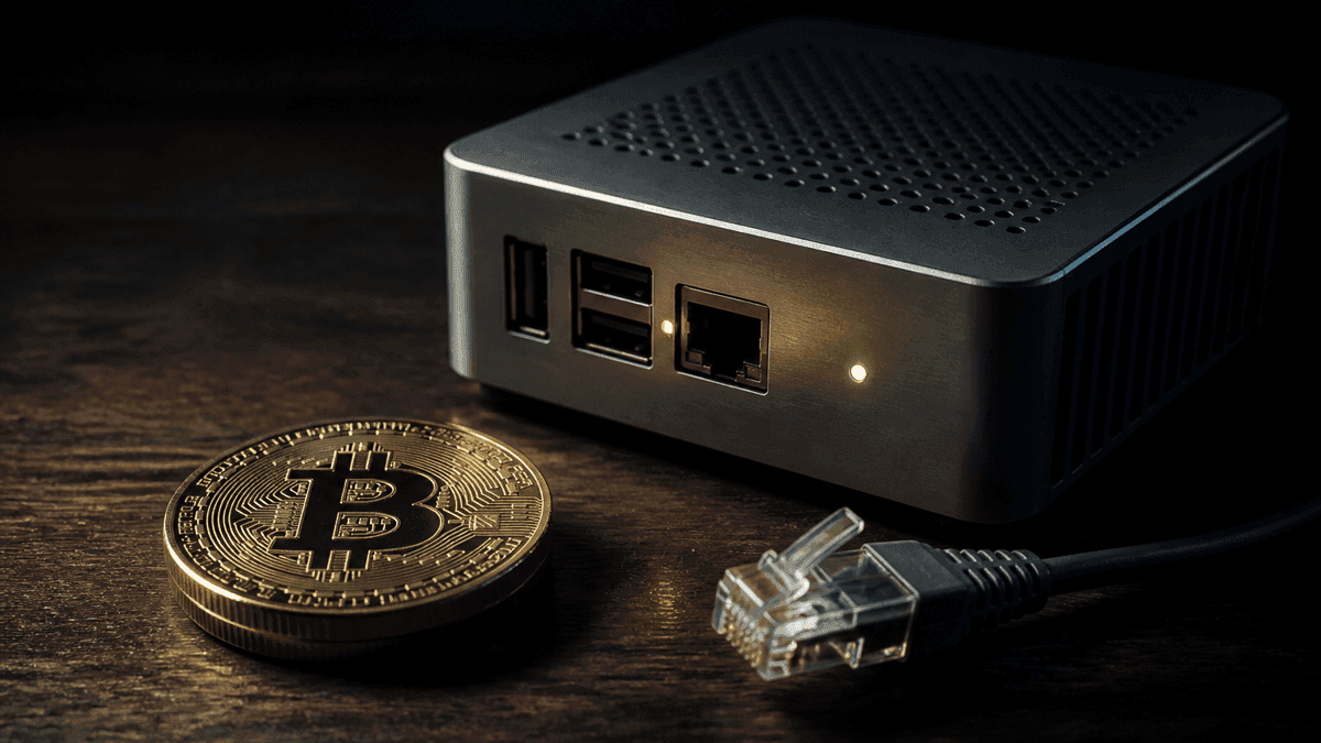 Physische Münze mit eingeprägtem Bitcoin-Symbol neben einem kleinen Einplatinen-Heimserver mit glühenden Statusleuchten und einem gelösten Netzwerkkabel