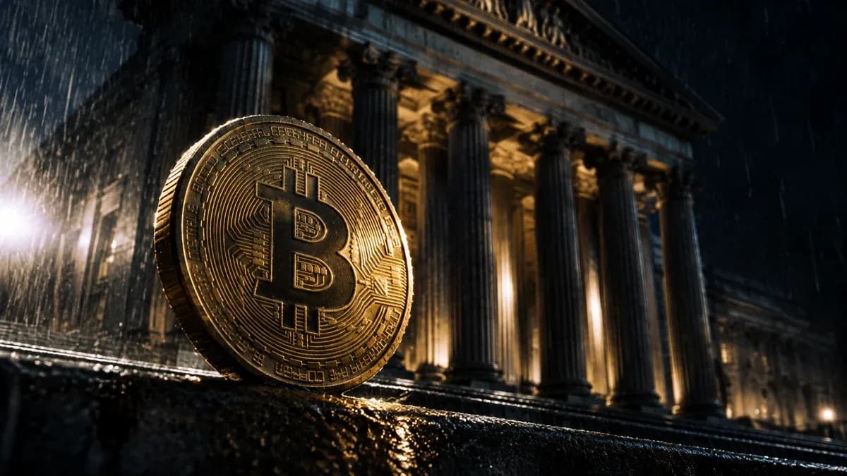 Goldene Münze mit eingeprägtem Bitcoin-Zeichen kippt auf einer nassen Treppenstufe vor dem beleuchteten Säulenportal einer Notenbank im Regen