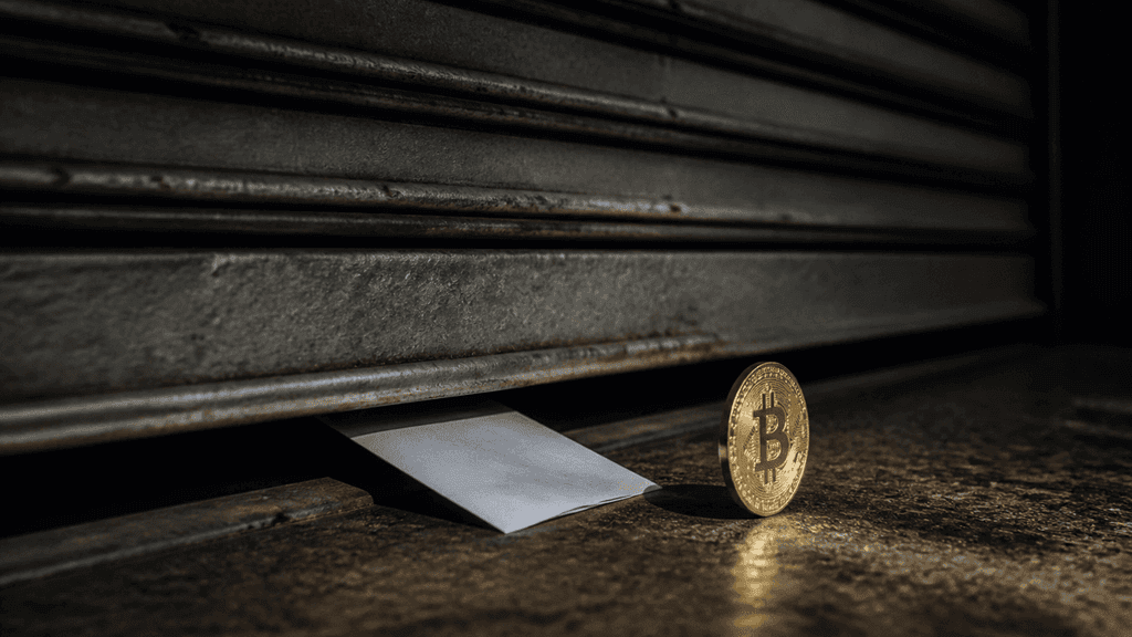 Schwerer Metall-Rollladen senkt sich fast bis zum Boden vor einem leergeraeumten Schaufenster, im letzten Spalt liegt ein gefalteter Papierstreifen, daneben steht eine Muenze mit Bitcoin-Zeichen auf der Kante