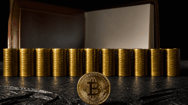 Zwölf gleich hohe Münzstapel in einer Reihe auf dunkler Schieferplatte, davor eine große Münze mit eingeprägtem Bitcoin-Zeichen