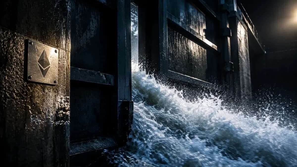 Stählernes Schleusentor bei Nacht, einen Spalt geöffnet, Wasser schießt schäumend hindurch, daneben ein kleines Metallschild mit eingeprägtem rautenförmigem Symbol