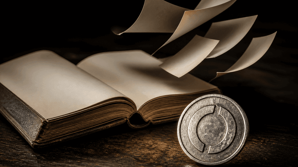 Aufgeschlagenes leeres Hauptbuch auf dunklem Holz, herausgetrennte Seiten schweben in der Luft, daneben eine Metallmünze