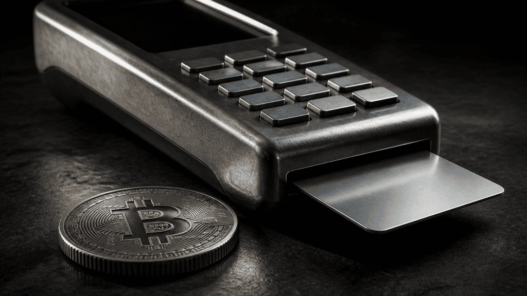 Kartenzahlungs-Terminal aus mattem Metall auf einem dunklen Steintresen, eine blanke Metallkarte steckt im Kartenschlitz, davor eine große Metallmünze mit eingeprägtem Bitcoin-Zeichen