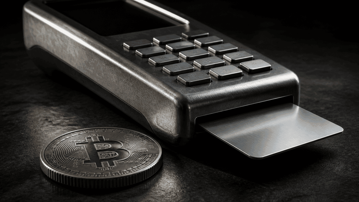 Kartenzahlungs-Terminal aus mattem Metall auf einem dunklen Steintresen, eine blanke Metallkarte steckt im Kartenschlitz, davor eine große Metallmünze mit eingeprägtem Bitcoin-Zeichen