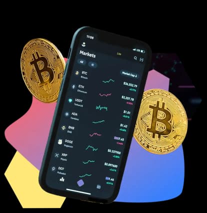 Smartphone mit einer Liste von Kryptokursen neben zwei Goldmünzen