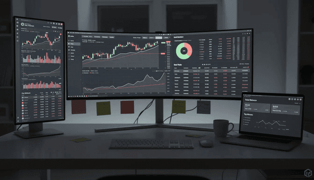 The image features multiple computer screens showcasing detailed cryptocurrency portfolio tracking data