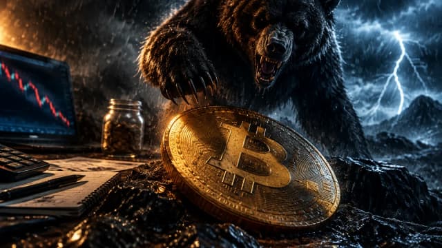 Bär im Gewitter über einer großen goldenen Bitcoin-Münze