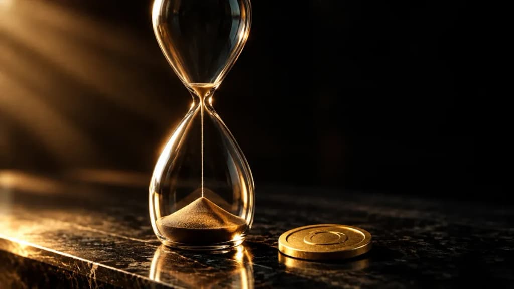 Glaeserne Sanduhr auf einer dunklen polierten Steinplatte, der obere Glaskoerper fast leer, ein duenner Sandfaden rinnt noch, daneben liegt flach eine goldene Muenze im warmen Streiflicht