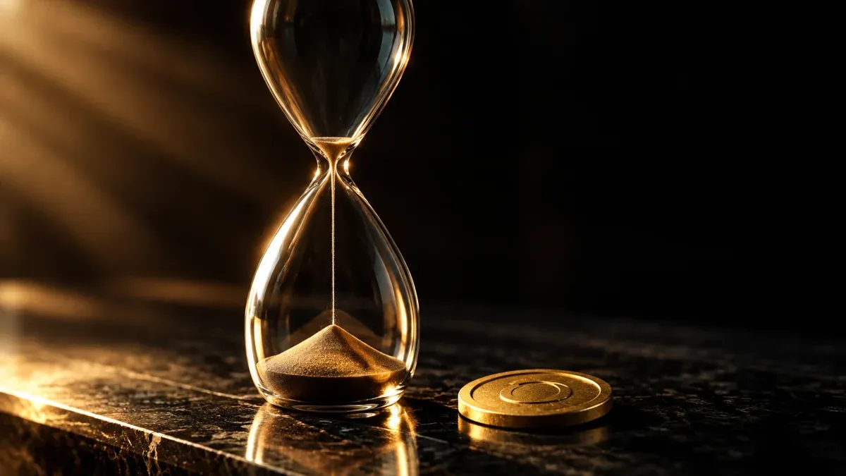 Gläserne Sanduhr auf einer dunklen polierten Steinplatte, der obere Glaskörper fast leer, ein dünner Sandfaden rinnt noch, daneben liegt flach eine goldene Münze im warmen Streiflicht