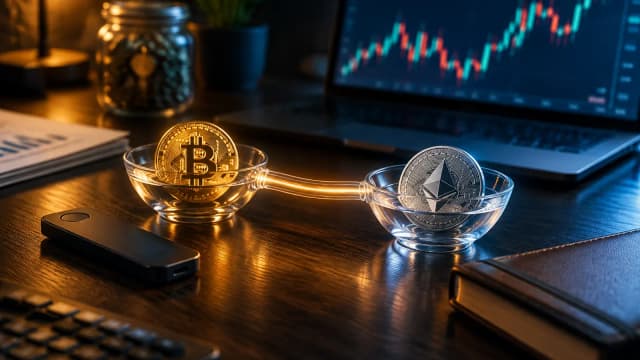 Bitcoin- und Ethereum-Münze in zwei verbundenen Glasschalen neben einer Hardware-Wallet