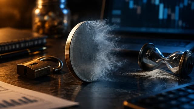 Silver coin dissolving into mist next to an open padlock and a cracked hourglass