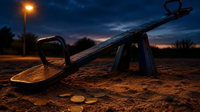 Eine leere Wippe auf einem Spielplatz in der Dämmerung, Münzen im Sand