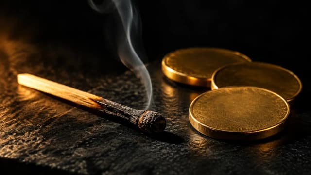 Ein abgebranntes Streichholz auf dunklem Grund neben Münzen, Rauch steigt auf