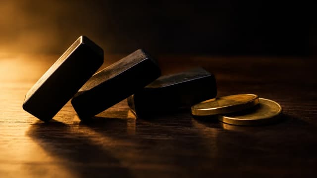 Drei umgefallene Dominosteine ohne Punkte auf einem dunklen Holztisch mit Münzen