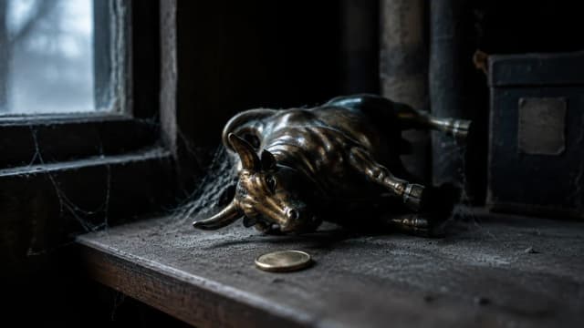 Eine kleine umgestürzte Bronzefigur eines Stiers in einem staubigen Regal