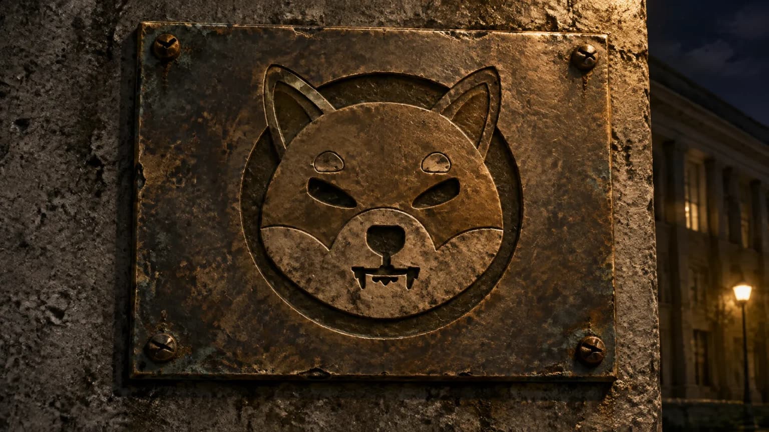 In eine verwitterte Bronzetafel an einer Betonwand ist das Shiba-Inu-Zeichen tief eingraviert, die Gravur ist gruenlich angelaufen