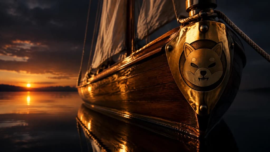 Hölzernes Segelboot bei Dämmerung auf spiegelglatter, windstiller See, die Segel hängen schlaff, im Messingbeschlag am Bug ist das Shiba-Inu-Zeichen eingraviert