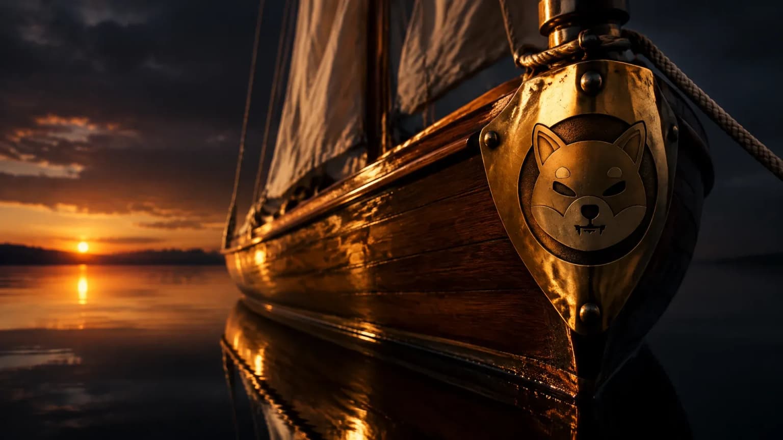 Hölzernes Segelboot bei Dämmerung auf spiegelglatter, windstiller See, die Segel hängen schlaff, im Messingbeschlag am Bug ist das Shiba-Inu-Zeichen eingraviert