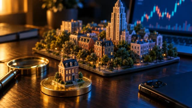 Miniaturstadt mit einem kleinen Haus auf einer Goldmünze neben Lupe und Smartphone