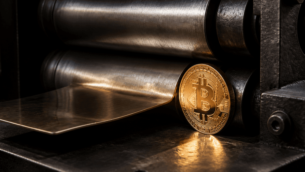Metallene Zahlkarte wird von schweren Stahlwalzen eingezogen, waehrend eine Muenze mit eingepraegtem Bitcoin-Zeichen seitlich aus dem Spalt ins Licht rollt