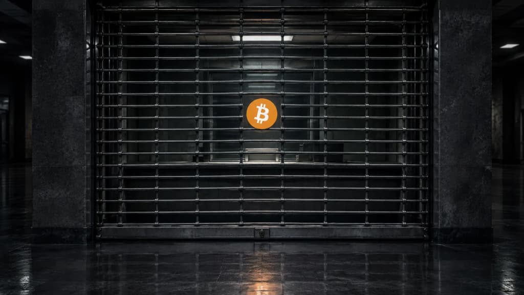 Geschlossenes Stahlrollgitter vor einem Schalterfenster in einer dunklen Halle, dahinter leuchtet das Bitcoin-Zeichen