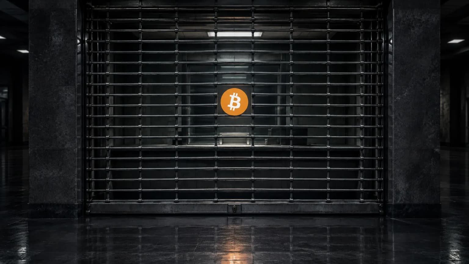 Geschlossenes Stahlrollgitter vor einem Schalterfenster in einer dunklen Halle, dahinter leuchtet das Bitcoin-Zeichen