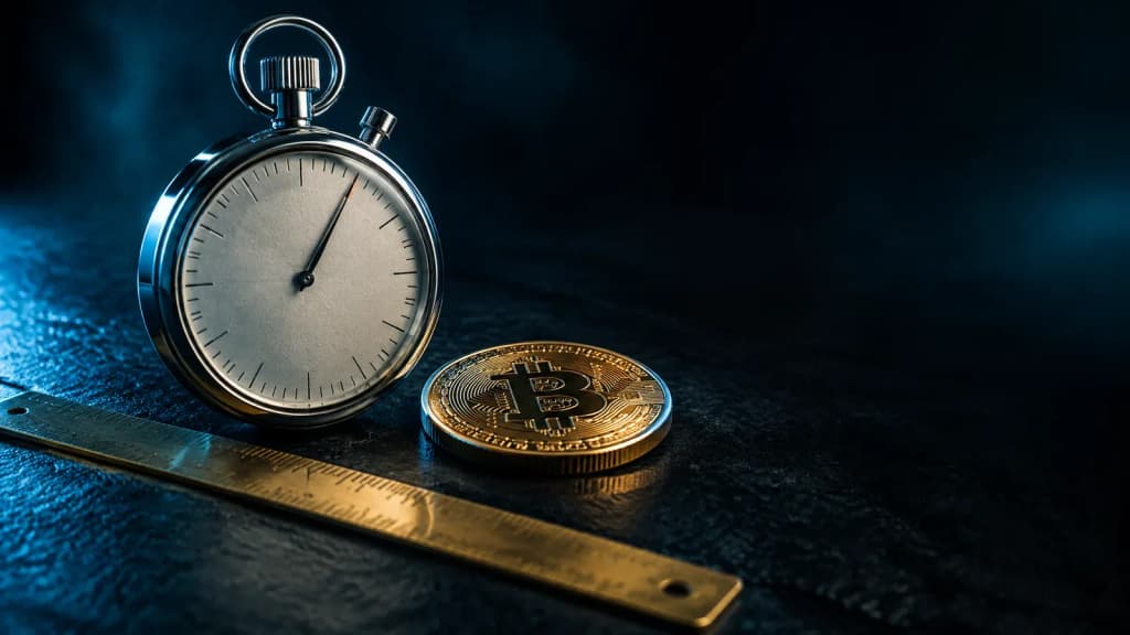 Stoppuhr neben einer Bitcoin-Münze auf dunklem Schiefer, Sinnbild für Daytrading lernen mit festem Ende des Handelstages