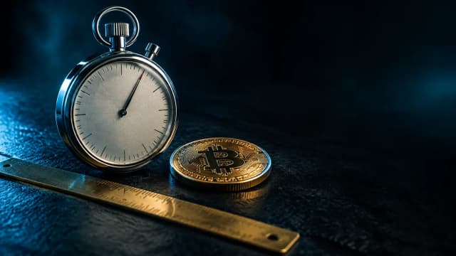 Stoppuhr neben einer Bitcoin-Münze auf dunklem Schiefer, Sinnbild für Daytrading lernen mit festem Ende des Handelstages