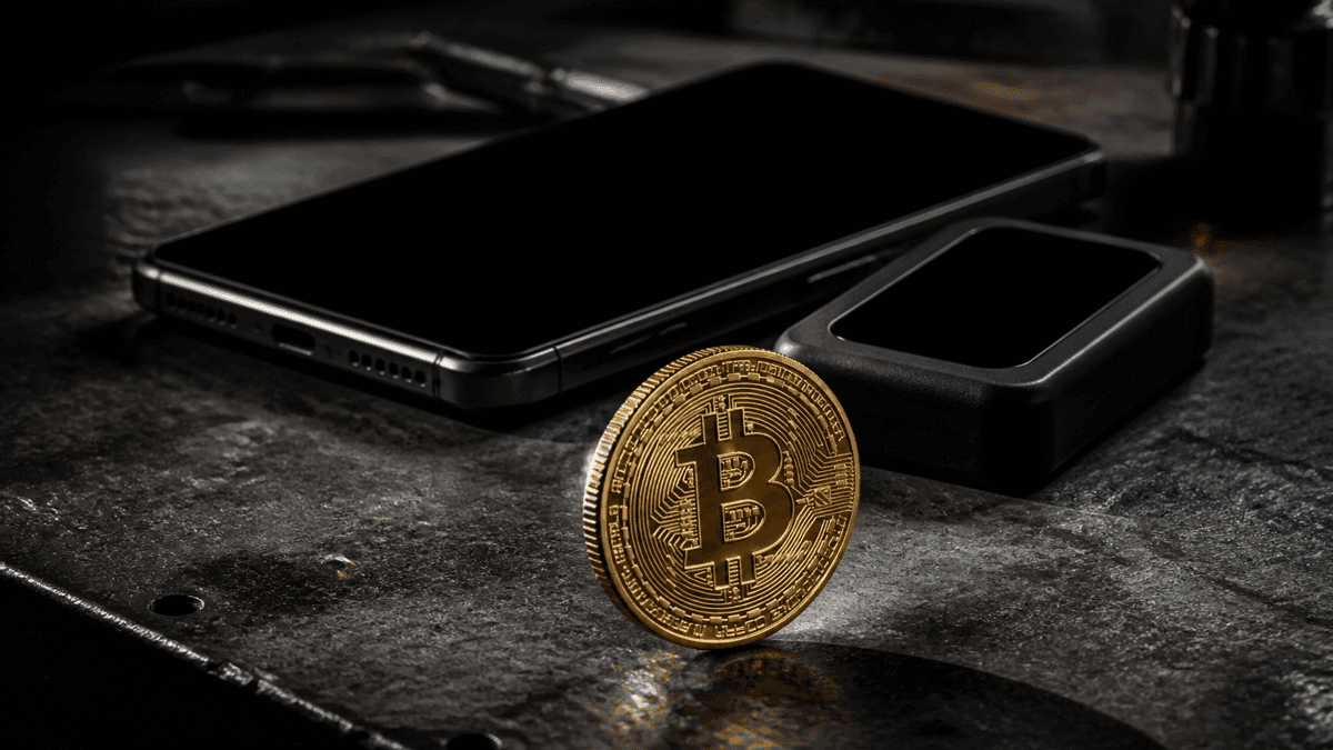 Smartphone mit schwarzem Bildschirm neben einem schlichten Sicherheitsgerät auf einer Stahlwerkbank, davor rollt eine Goldmünze mit Bitcoin-Zeichen weg
