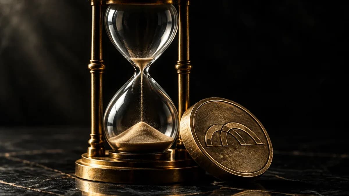 Fast abgelaufene Messing-Sanduhr auf dunklem Stein, daneben eine angelehnte Metallmünze mit eingeprägtem Brückenbogen-Symbol